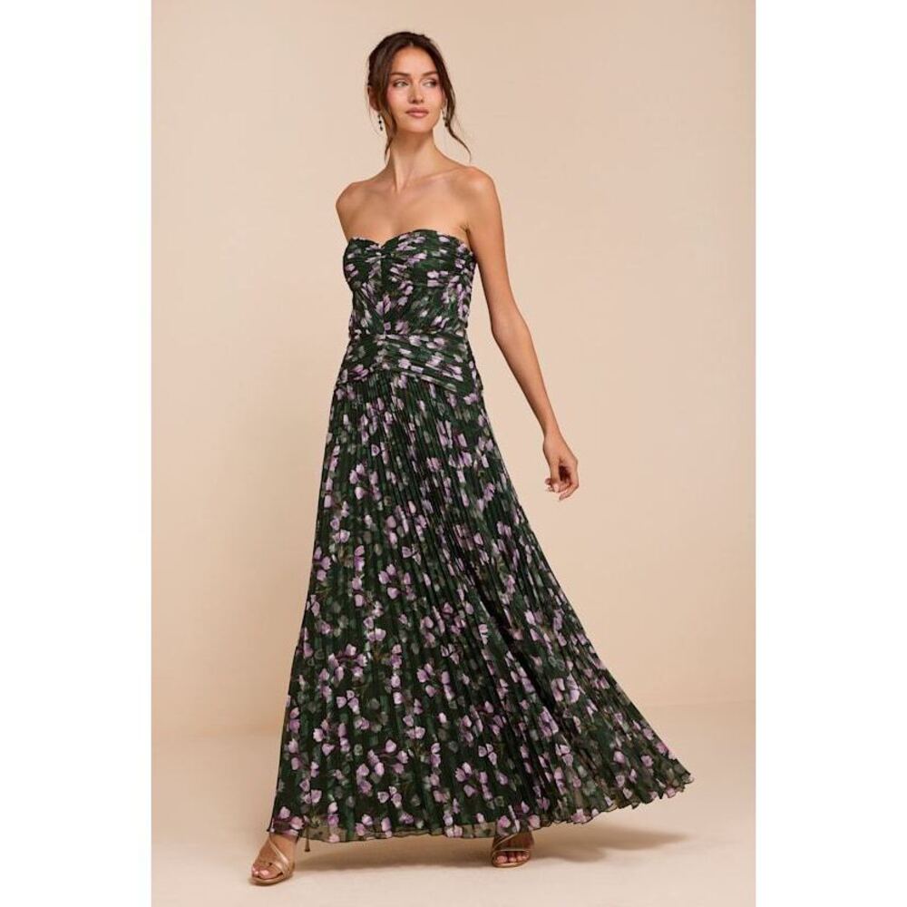 Lulus Marlene Dark Green Floral Pleated Drop Waist Maxi Dress - Size M